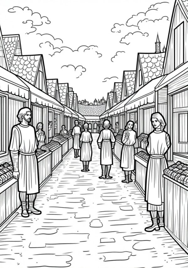 Charming Market Scenes Coloring Book - 26 Pages