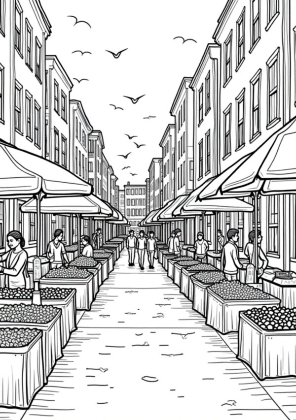 Charming Market Scenes Coloring Book - 26 Pages - Image 4