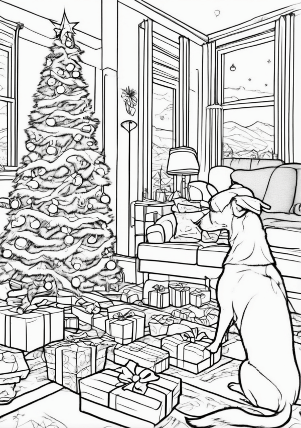 Festive Dogs in Christmas Scenes Coloring Book - 11 Pages