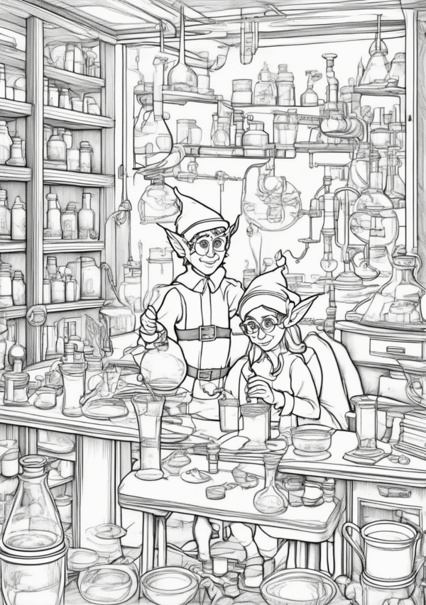 Intricate Christmas Elf Laboratory Coloring Book - 11 Pages