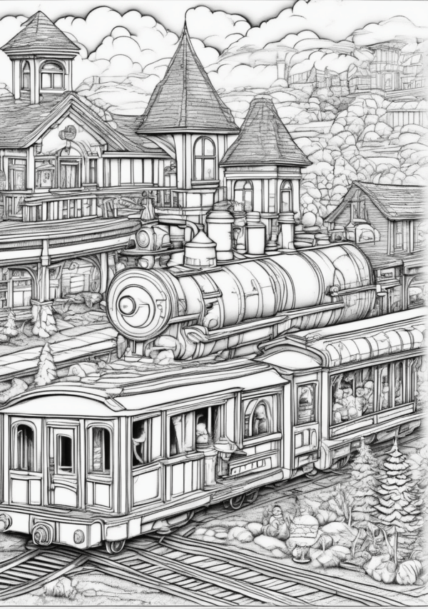 Christmas Train Scenes Coloring Book - 11 Pages