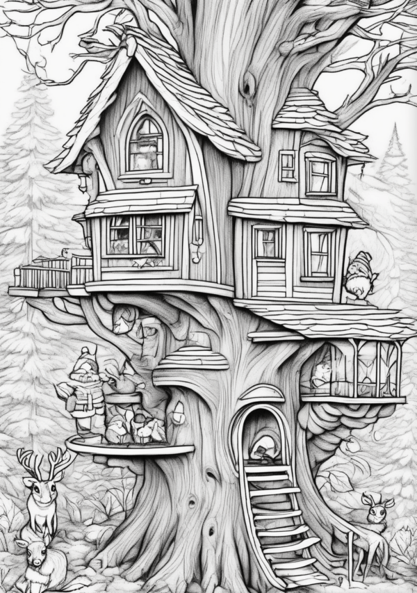 Unique Christmas Treehouse Coloring Designs - 11 Pages