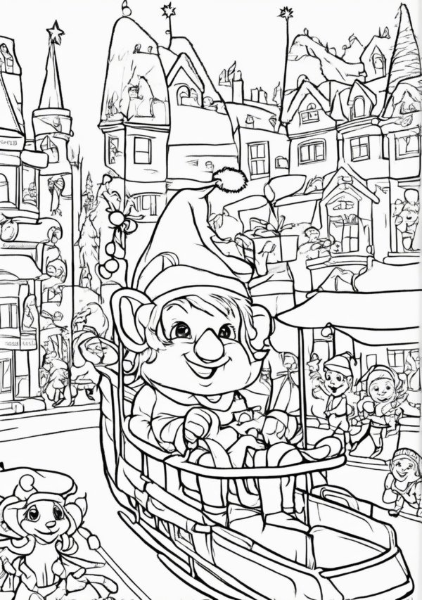 Charming Christmas Elf Scenes Coloring Book - 11 Pages