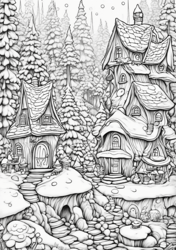 Enchanting Christmas Mushroom Village Coloring Book - 11 Pages