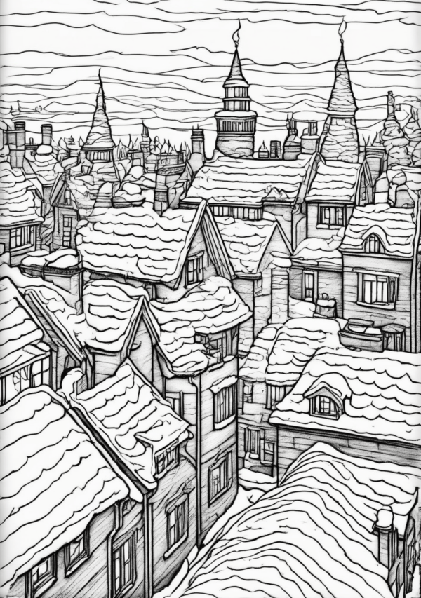 Christmas Village Coloring Book: Cozy Winter Scenes - 11 Pages