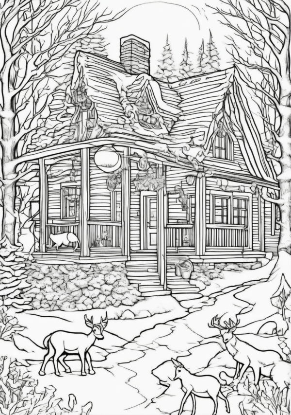 Charming Christmas Cabins Coloring Book - 11 Pages