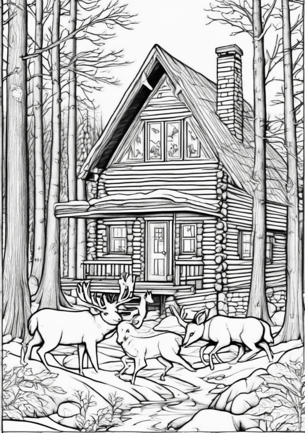 Christmas Coloring Book: Cozy Cabins and Woodland Animals - 11 Pages