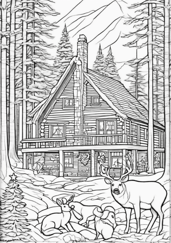 Christmas Coloring Book: Cozy Cabins and Woodland Animals - 11 Pages - Image 2