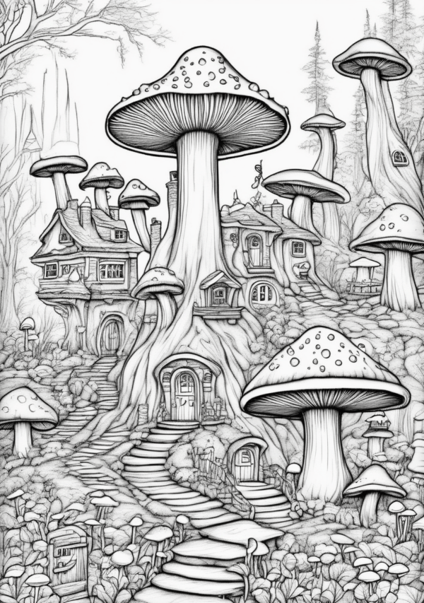 Enchanting Christmas Coloring Book: Fantasy Mushroom Homes - 11 Pages - Image 3