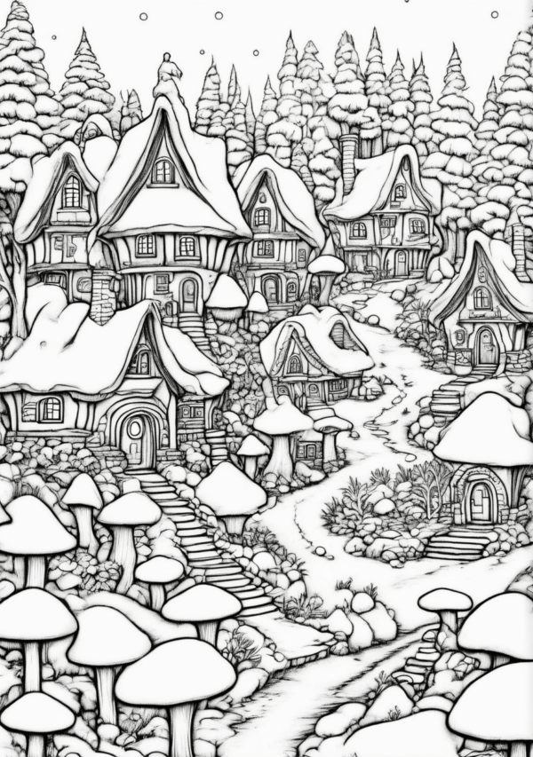 Enchanting Christmas Mushroom Village Coloring Book - 11 Pages - Image 2