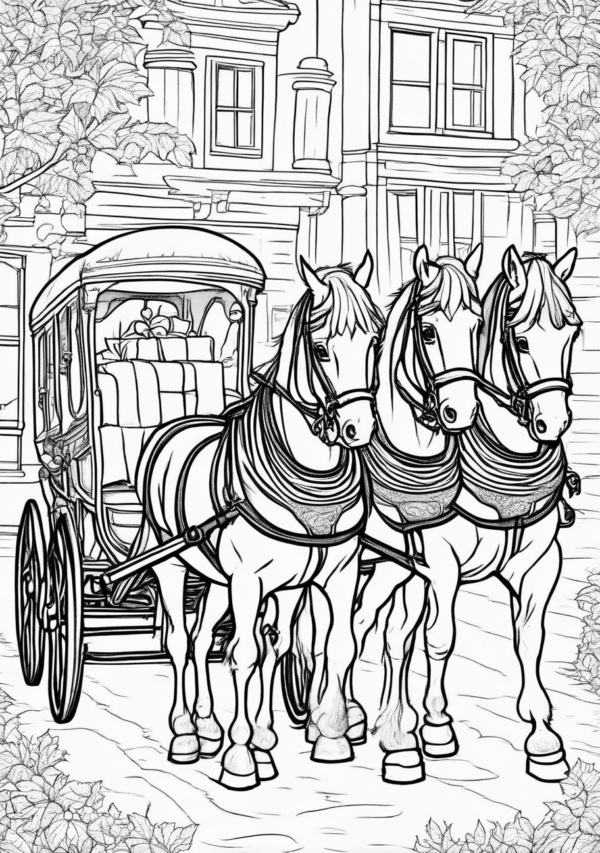 Charming Christmas Horse Carriage Coloring Book - 11 Pages