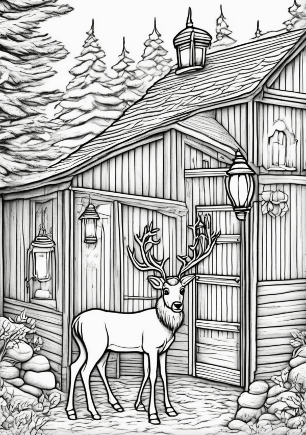 Christmas Reindeer Barn Coloring Book - 11 Pages