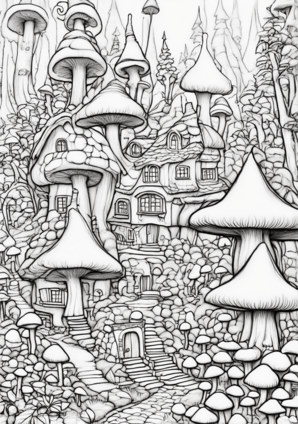 Enchanting Christmas Mushroom Village Coloring Book - 11 Pages