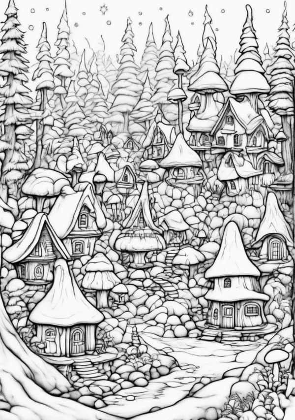 Enchanting Christmas Mushroom Village Coloring Book - 11 Pages - Image 3