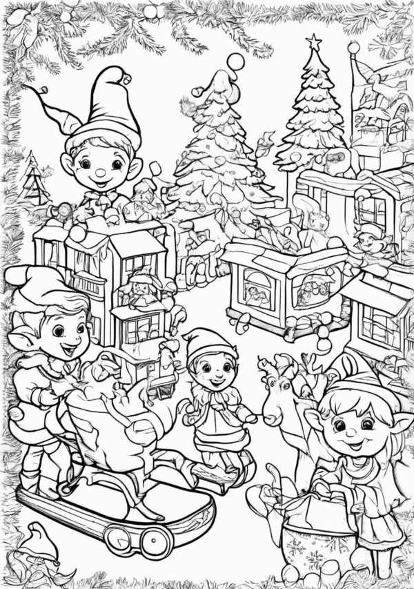 Charming Christmas Elf Scenes Coloring Book - 11 Pages - Image 2