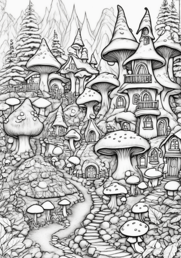 Enchanting Christmas Mushroom Village Coloring Book - 11 Pages - Image 2