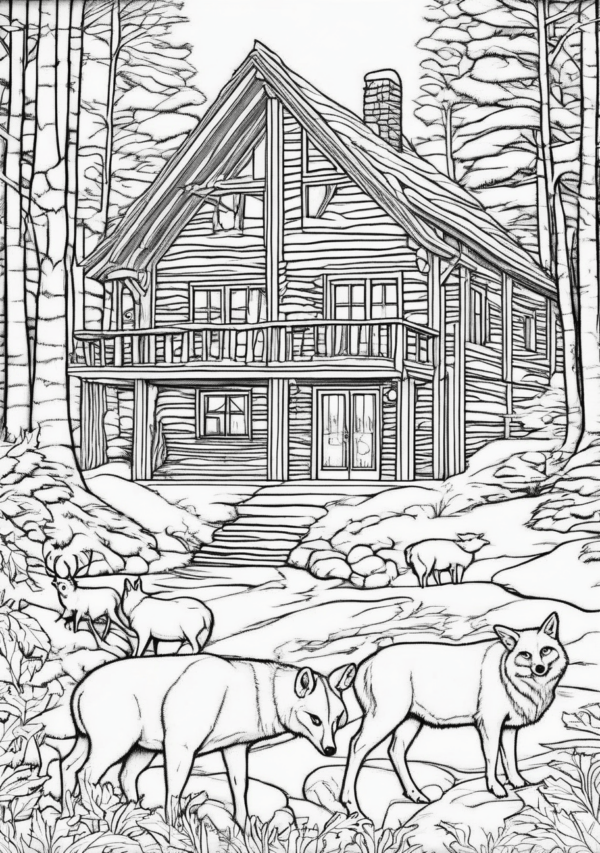 Christmas Coloring Book: Cozy Cabins and Woodland Animals - 11 Pages - Image 3