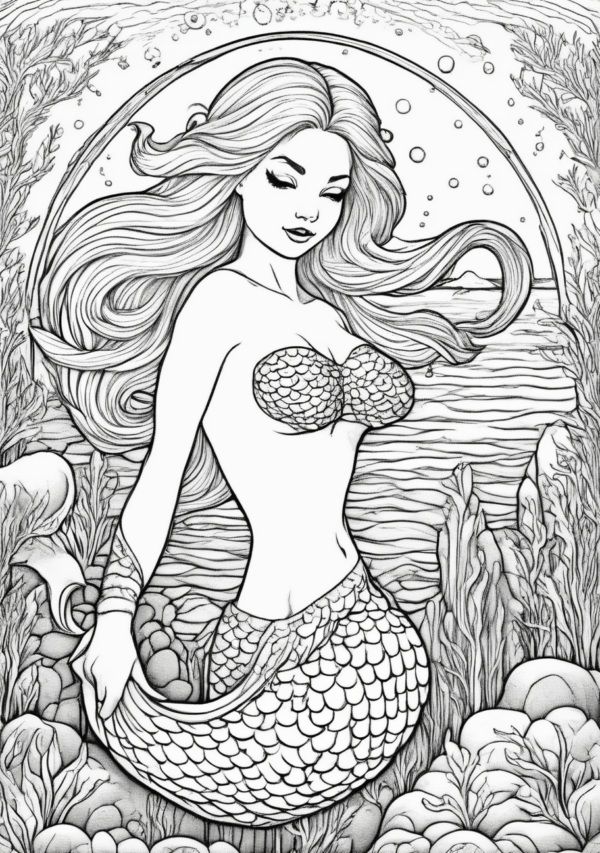 Beautiful Christmas Mermaid Coloring Book - 11 Pages - Image 3