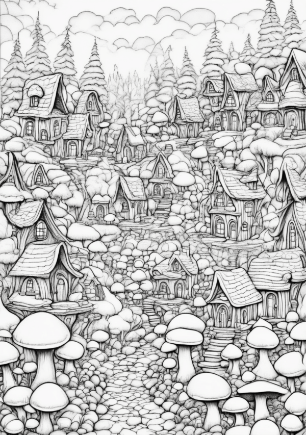 Enchanting Christmas Mushroom Village Coloring Book - 11 Pages - Image 4