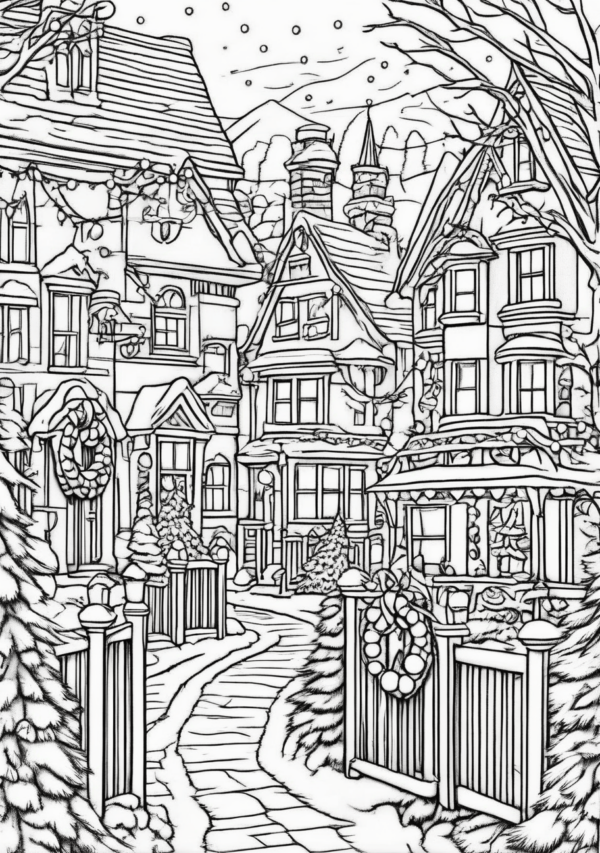 Christmas Village Scenes Coloring Book - 11 Pages - Image 2