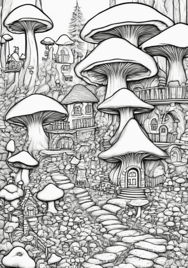 Enchanting Christmas Mushroom Village Coloring Book - 11 Pages - Image 3