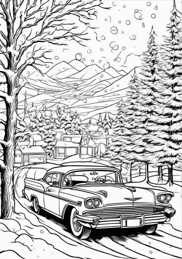 Christmas Coloring Book: Vintage Cars in Winter Wonderland - 11 Pages - Image 2