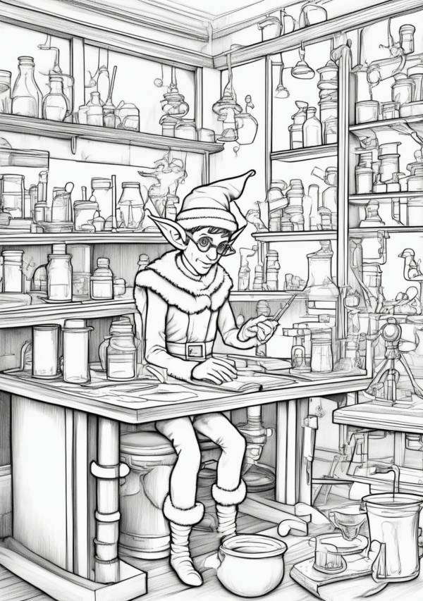 Intricate Christmas Elf Laboratory Coloring Book - 11 Pages - Image 2