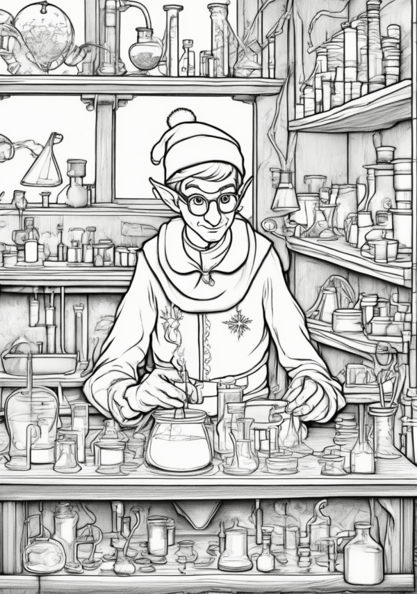 Intricate Christmas Elf Laboratory Coloring Book - 11 Pages - Image 3